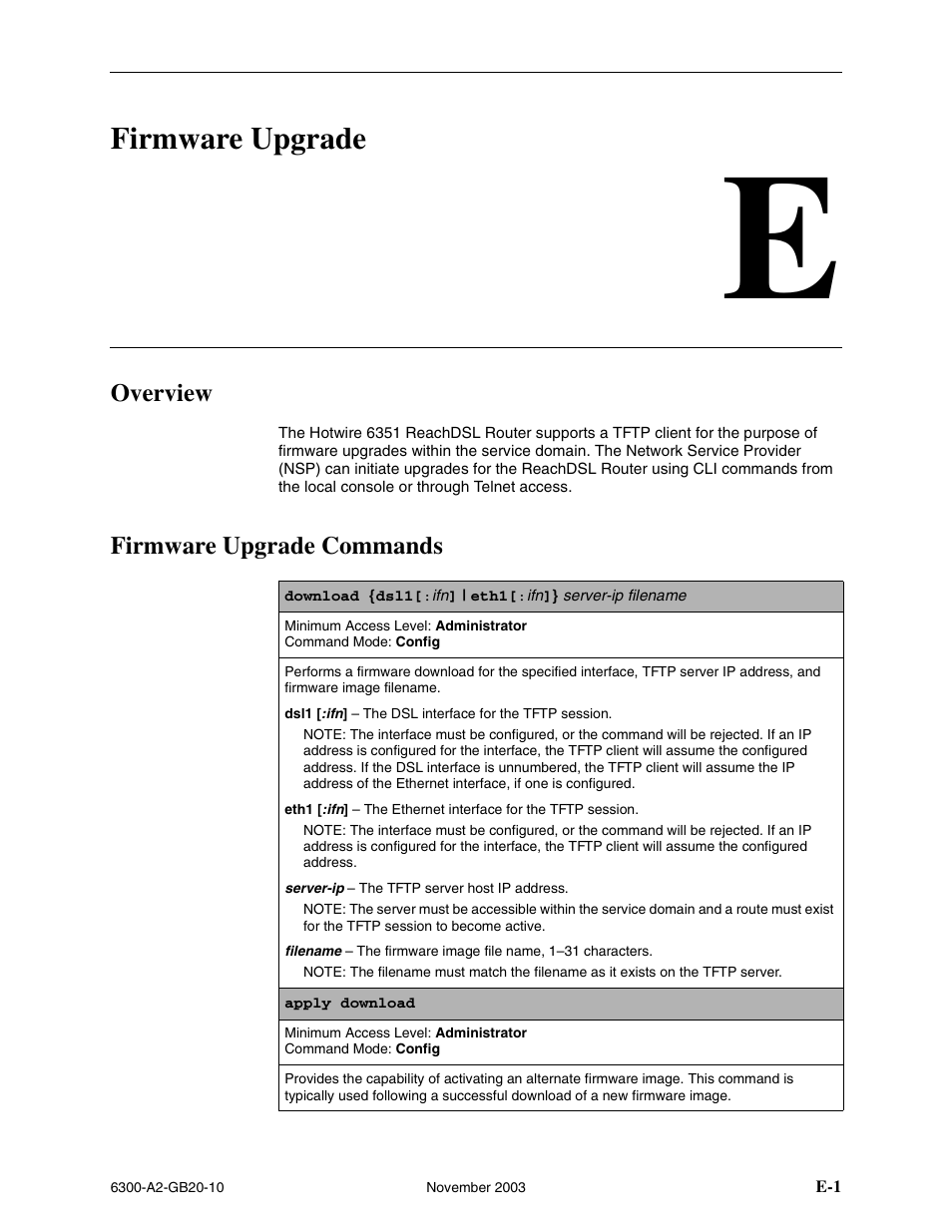 Firmware upgrade, Overview, Firmware upgrade commands | E firmware upgrade, Appendix e, firmware upgrade | Paradyne 6342 User Manual | Page 137 / 146