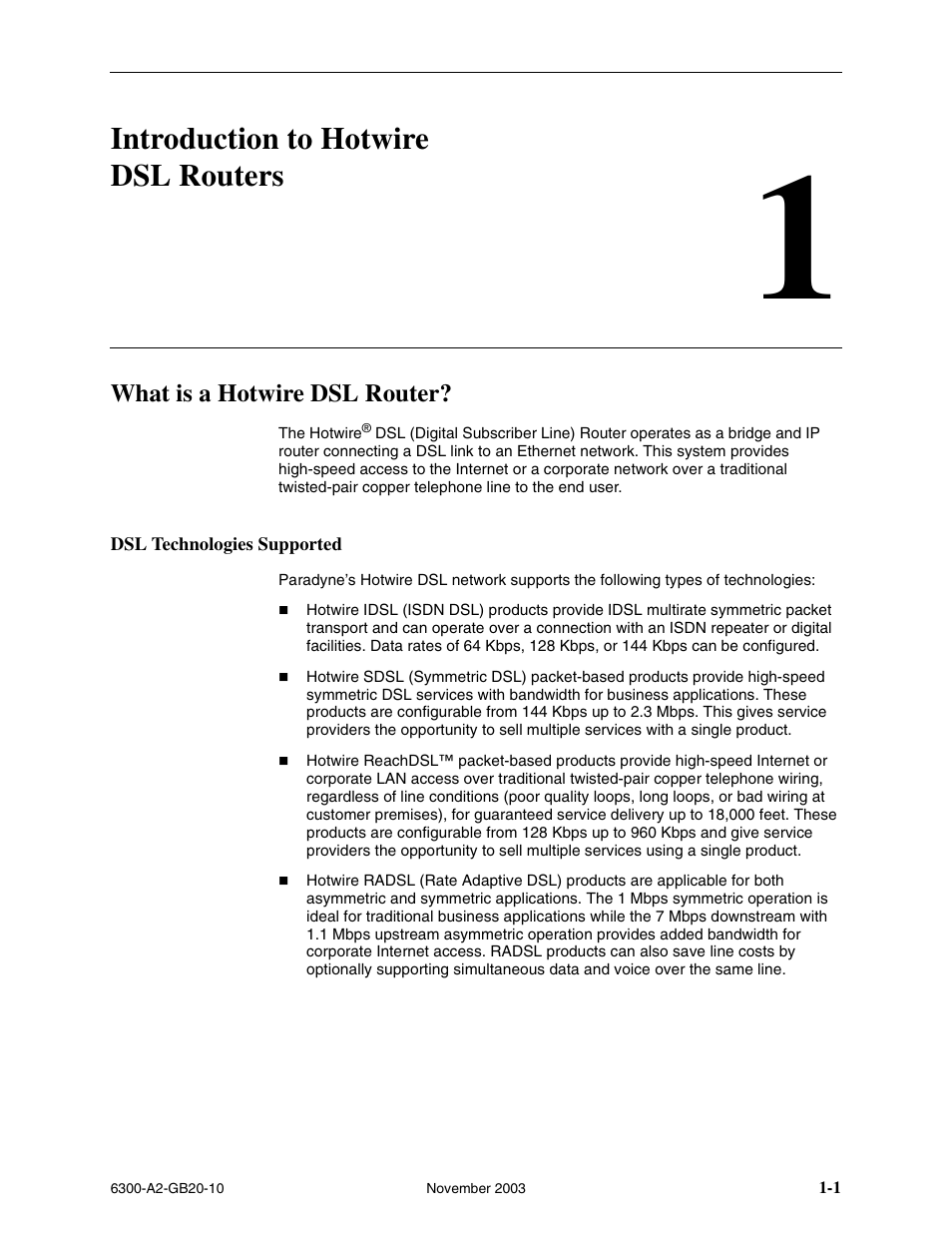 Introduction to hotwire dsl routers, What is a hotwire dsl router, Dsl technologies supported | Chapter 1, introduction to hotwire dsl routers | Paradyne 6342 User Manual | Page 15 / 146