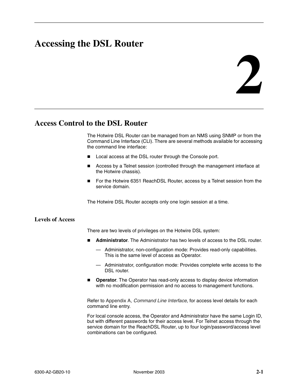 Accessing the dsl router, Access control to the dsl router, Levels of access | Chapter 2, accessing the dsl router | Paradyne 6342 User Manual | Page 19 / 146