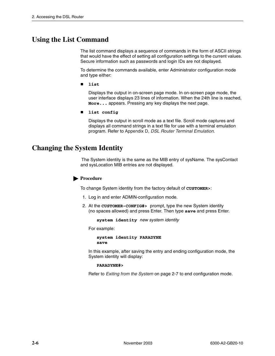 Using the list command, Changing the system identity | Paradyne 6342 User Manual | Page 24 / 146