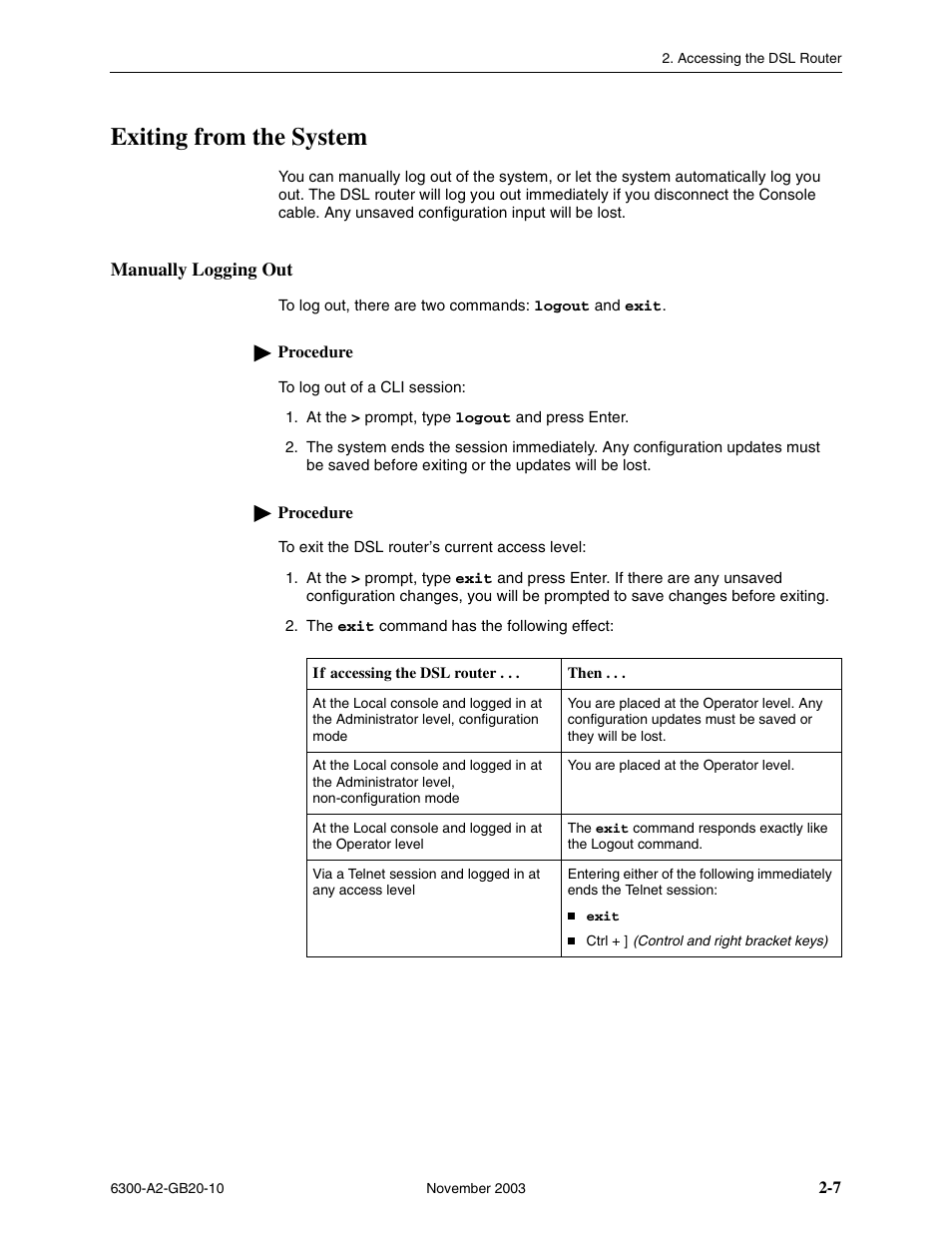 Exiting from the system, Manually logging out | Paradyne 6342 User Manual | Page 25 / 146