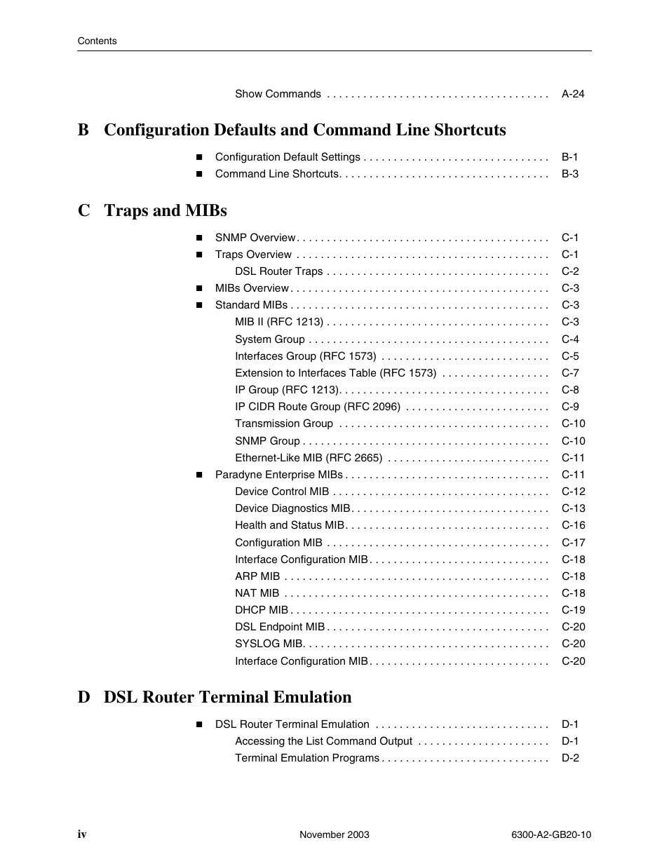 C traps and mibs, D dsl router terminal emulation | Paradyne 6342 User Manual | Page 6 / 146