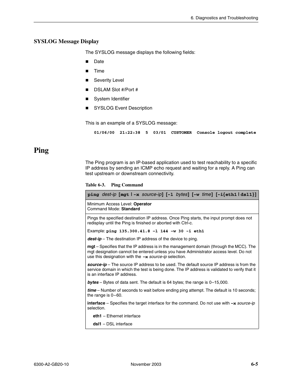 Syslog message display, Ping | Paradyne 6342 User Manual | Page 71 / 146