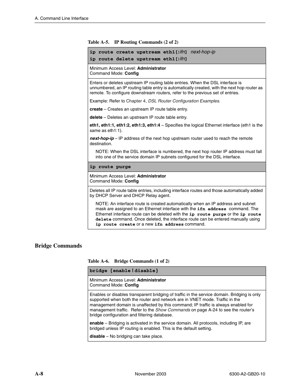 Bridge commands, Ip route, Create upstream eth1[:ifn] next-hop-ip | Paradyne 6342 User Manual | Page 82 / 146