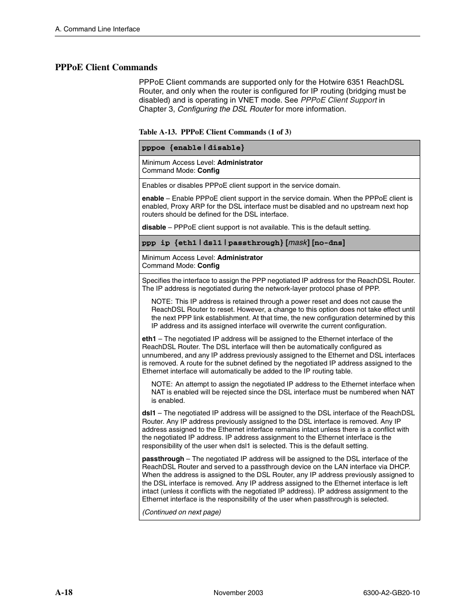 Pppoe client commands, A-18, In appendix a, command line | Interface , fo | Paradyne 6342 User Manual | Page 92 / 146