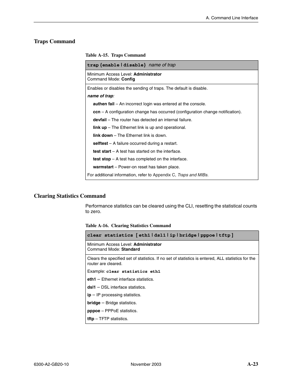 Traps command, Clearing statistics command, A-23 | In appendix a, command line interface, Traps command clearing statistics command | Paradyne 6342 User Manual | Page 97 / 146