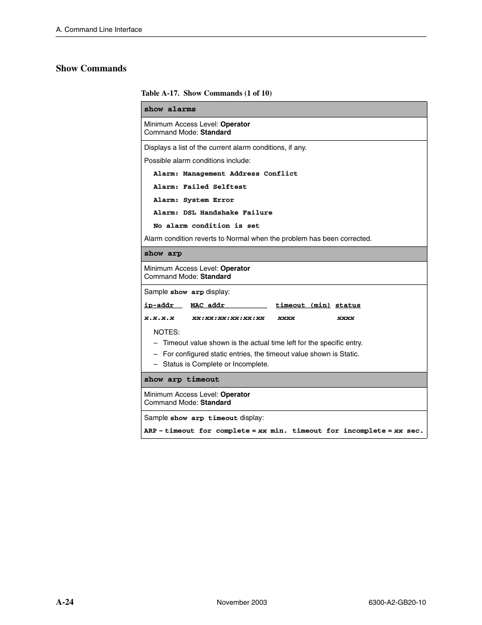 Show commands, A-24, Show alarms | Paradyne 6342 User Manual | Page 98 / 146