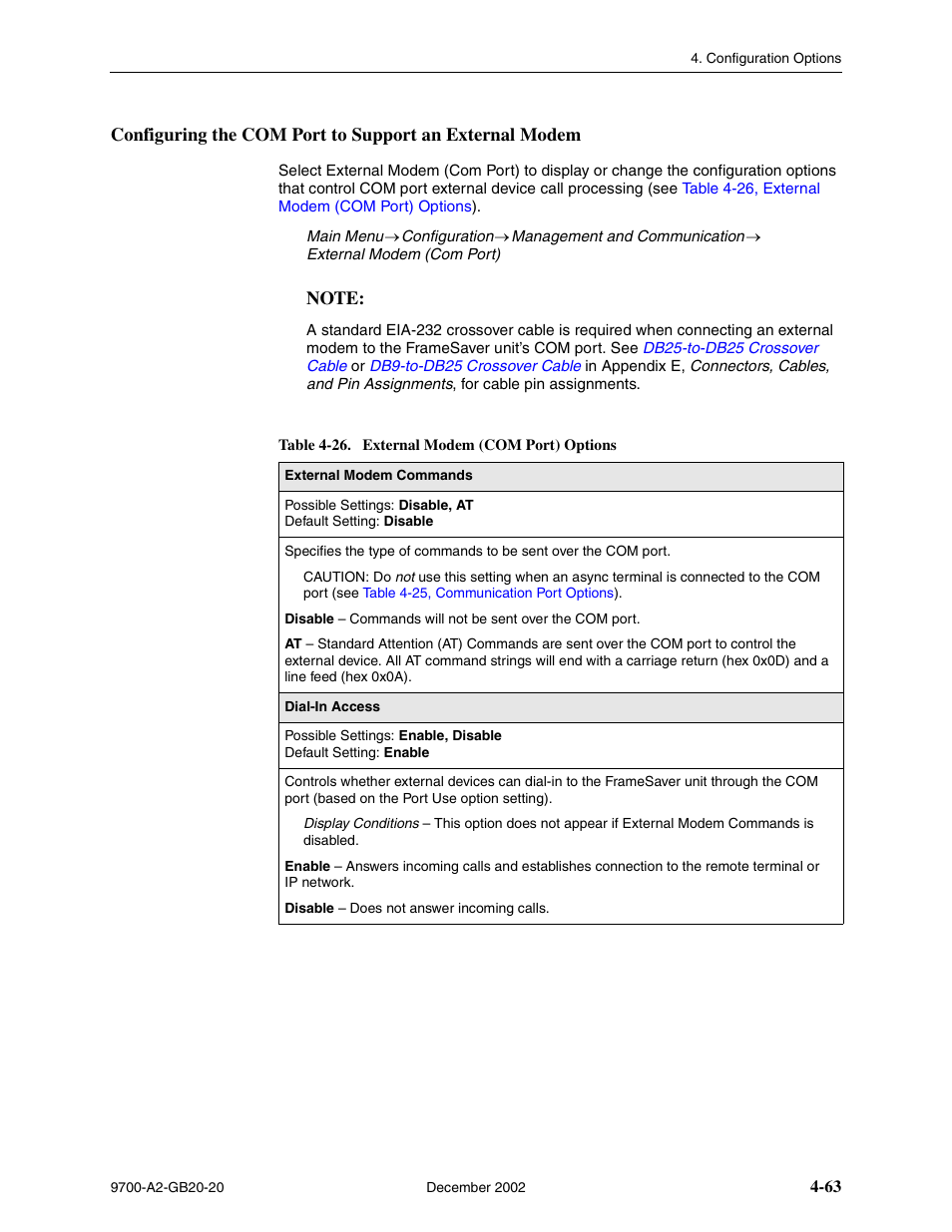 Table 4-26, external modem (com port) options | Paradyne 9788 User Manual | Page 103 / 340