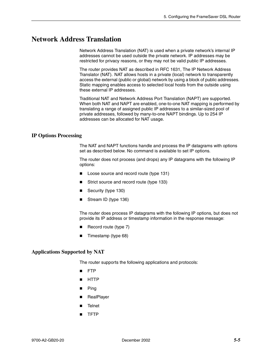 Network address translation, Ip options processing, Applications supported by nat | Paradyne 9788 User Manual | Page 109 / 340