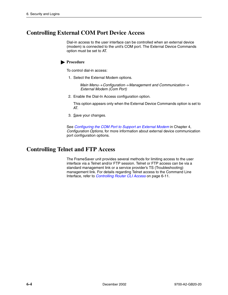 Controlling external com port device access, Controlling telnet and ftp access | Paradyne 9788 User Manual | Page 126 / 340