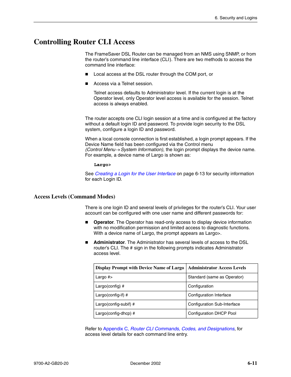 Controlling router cli access, Access levels (command modes) | Paradyne 9788 User Manual | Page 133 / 340