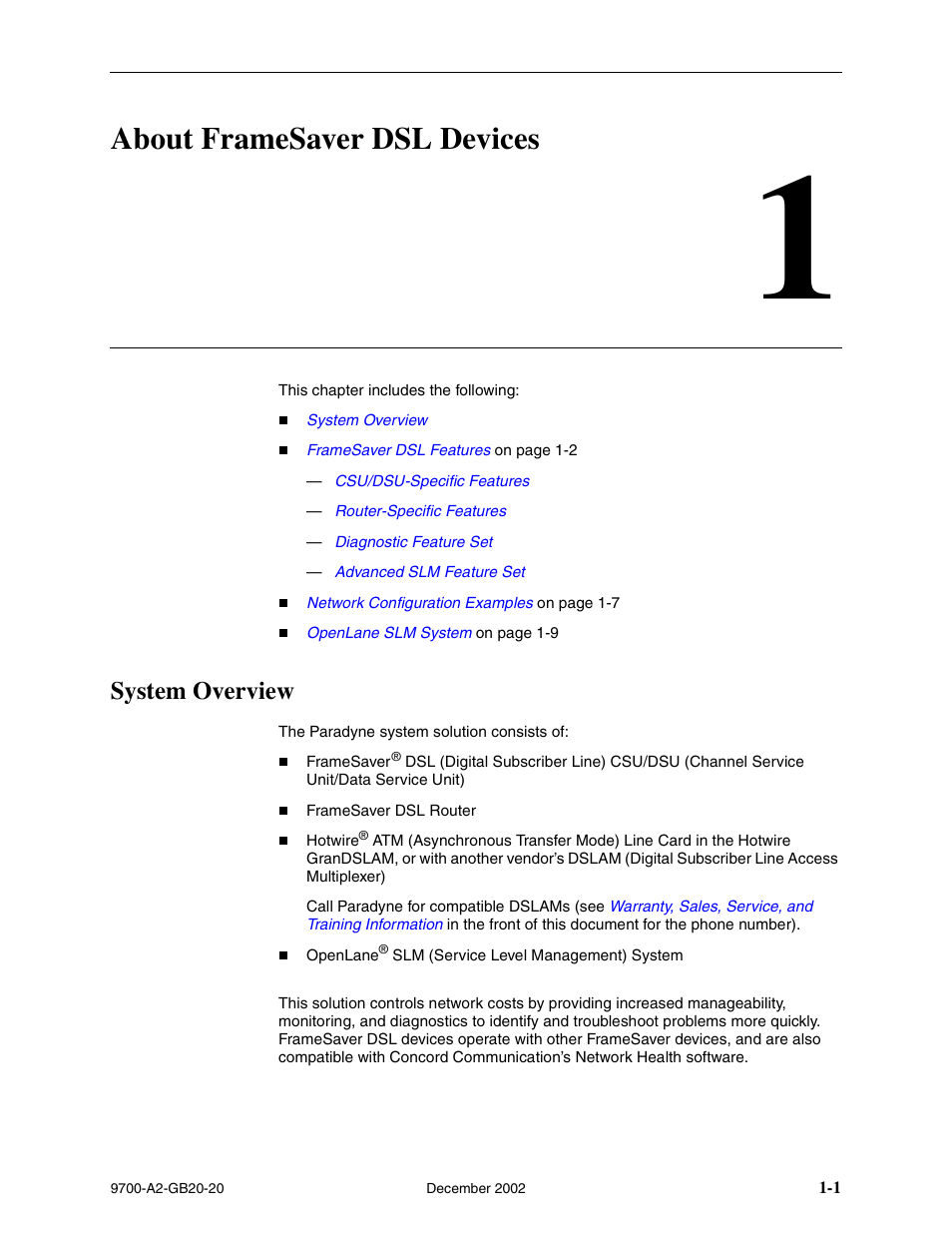 About framesaver dsl devices, System overview, Chapter 1 | About, Framesaver dsl devices | Paradyne 9788 User Manual | Page 15 / 340