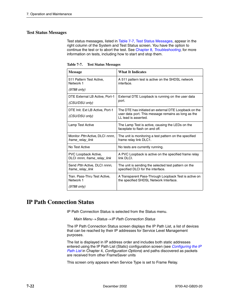 Test status messages, Ip path connection status, In chapter 7 | Operation and maintenance | Paradyne 9788 User Manual | Page 158 / 340