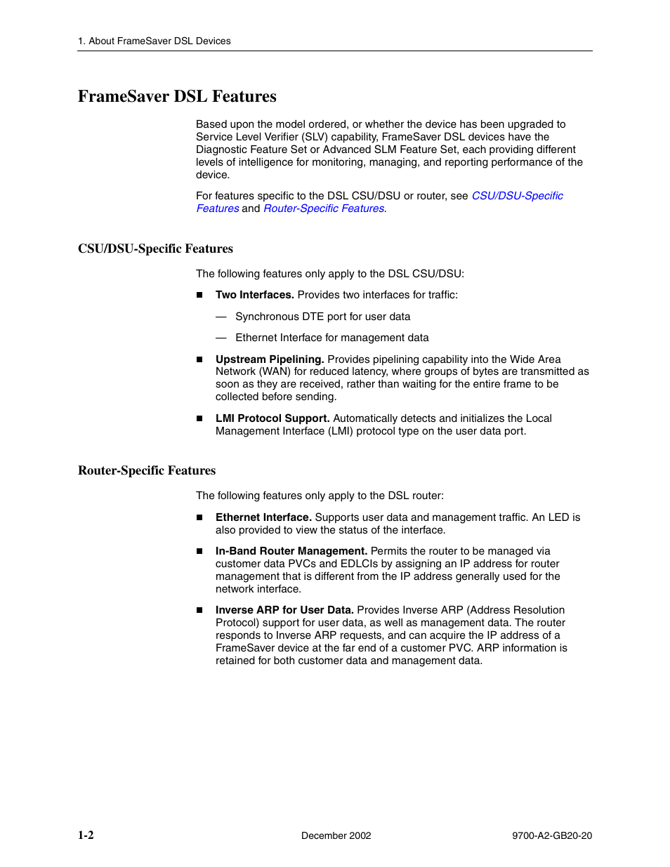 Framesaver dsl features, Csu/dsu-specific features, Router-specific features | Paradyne 9788 User Manual | Page 16 / 340