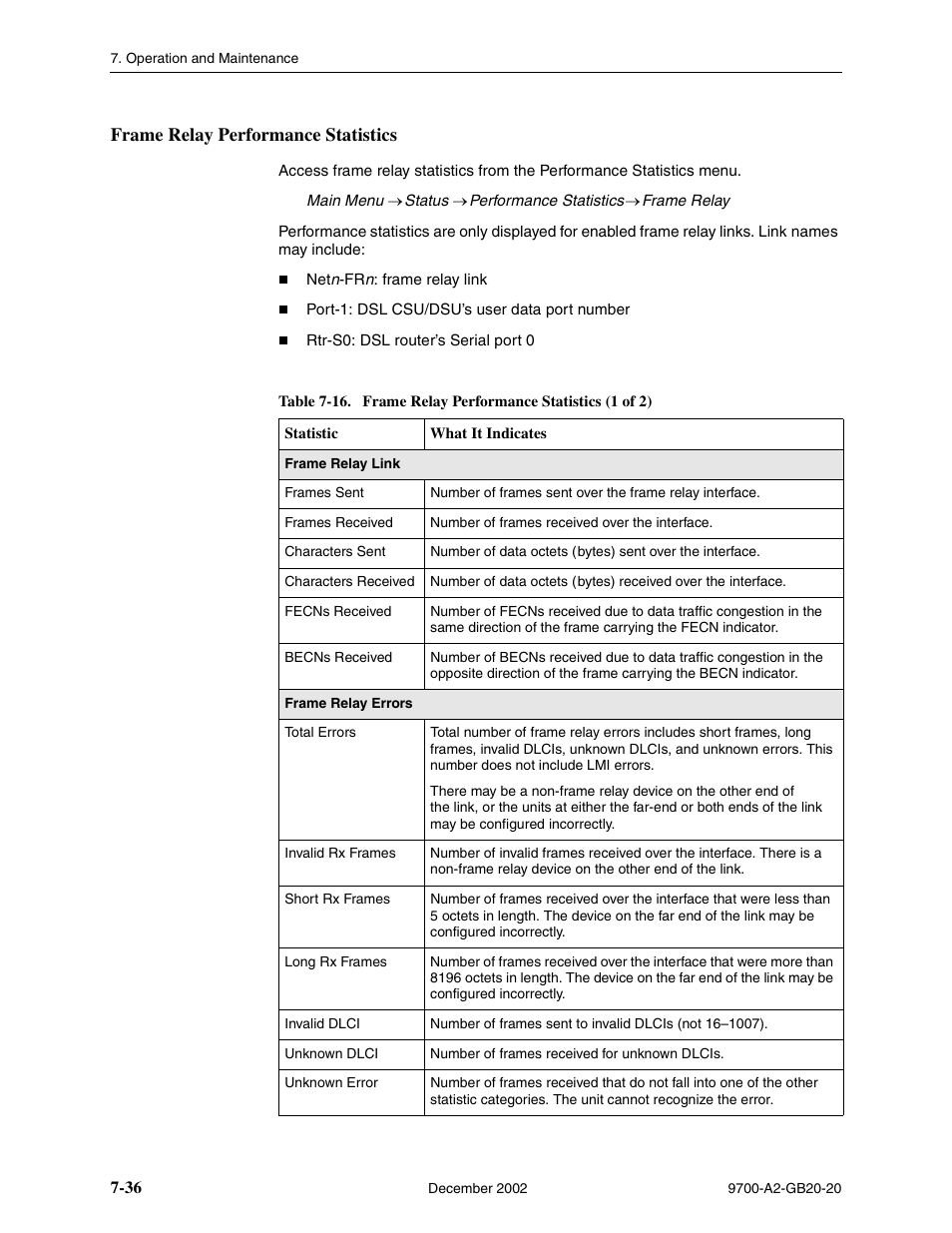 Frame relay performance statistics | Paradyne 9788 User Manual | Page 172 / 340