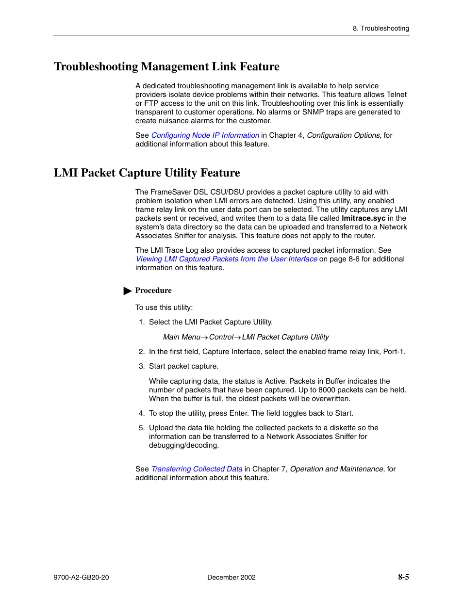 Troubleshooting management link feature, Lmi packet capture utility feature | Paradyne 9788 User Manual | Page 189 / 340