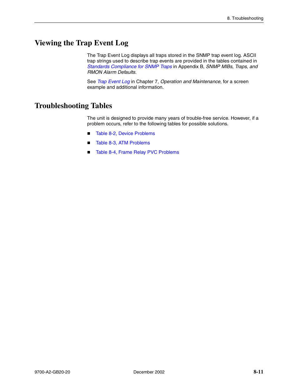 Viewing the trap event log, Troubleshooting tables | Paradyne 9788 User Manual | Page 195 / 340