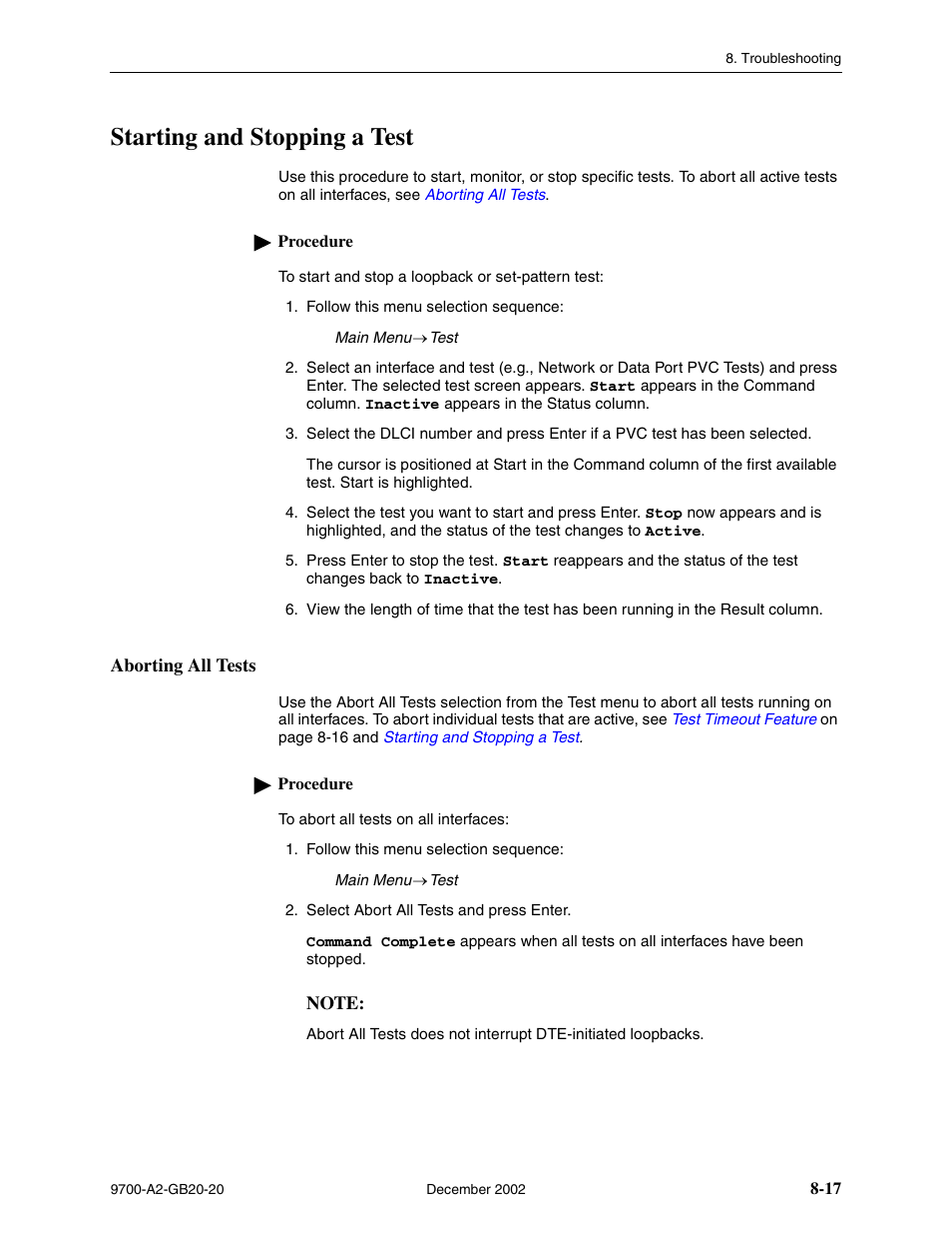 Starting and stopping a test, Aborting all tests | Paradyne 9788 User Manual | Page 201 / 340