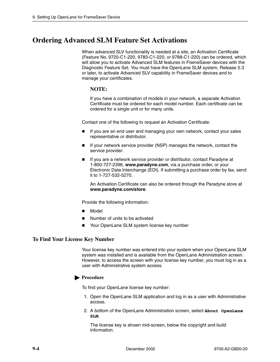 Ordering advanced slm feature set activations, To find your license key number | Paradyne 9788 User Manual | Page 218 / 340