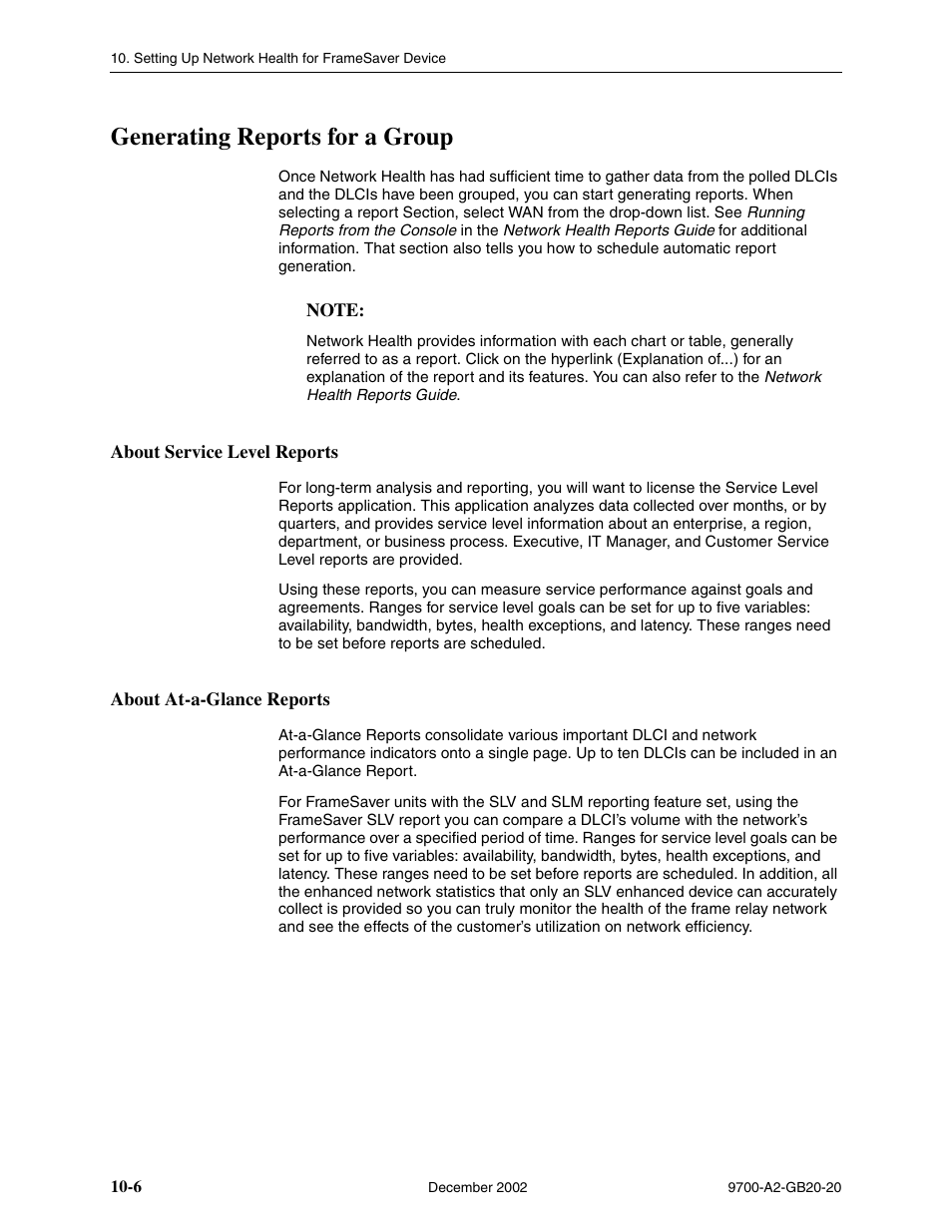 Generating reports for a group, About service level reports, About at-a-glance reports | Paradyne 9788 User Manual | Page 230 / 340