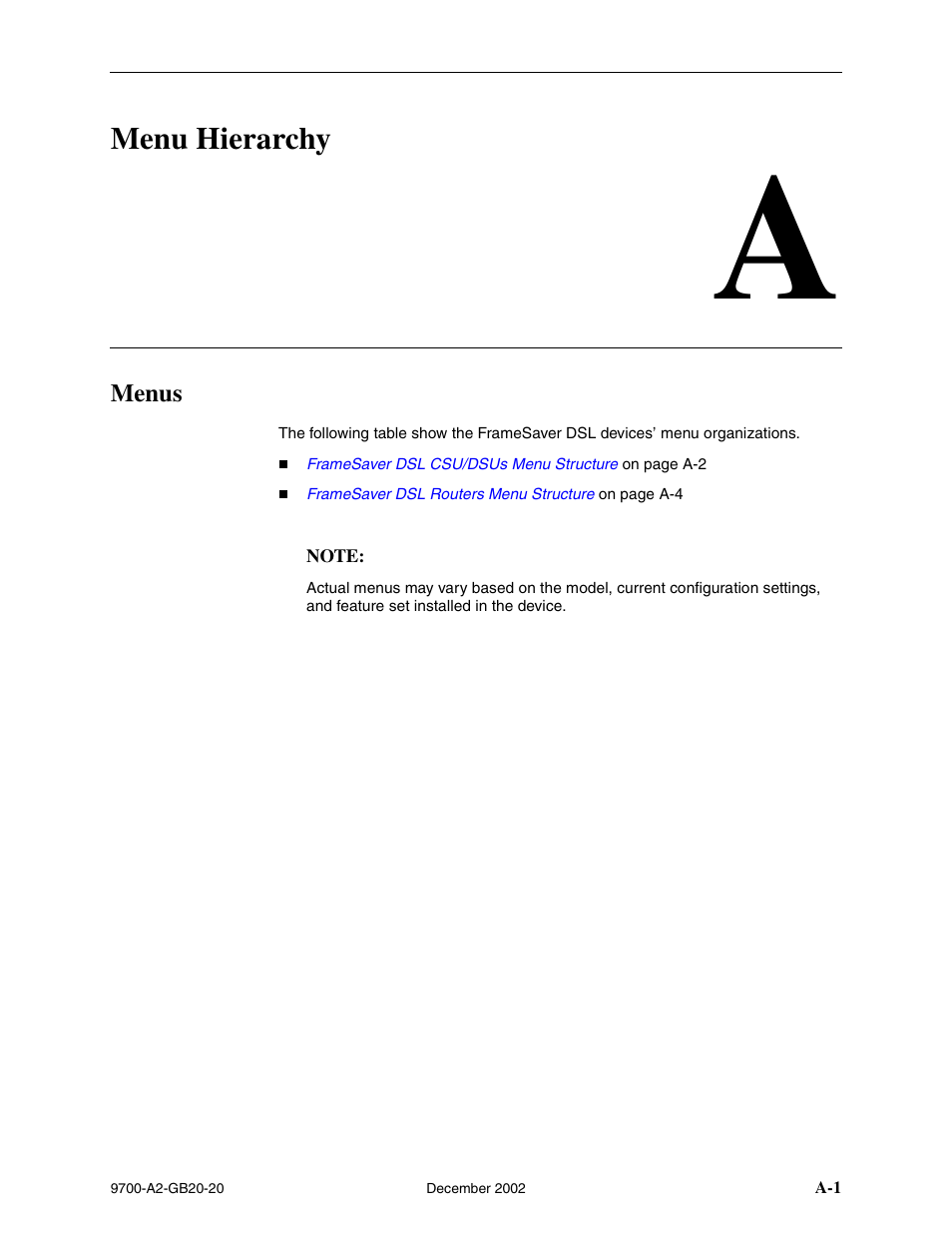 Menu hierarchy, Menus, A menu hierarchy | Appendix a | Paradyne 9788 User Manual | Page 235 / 340