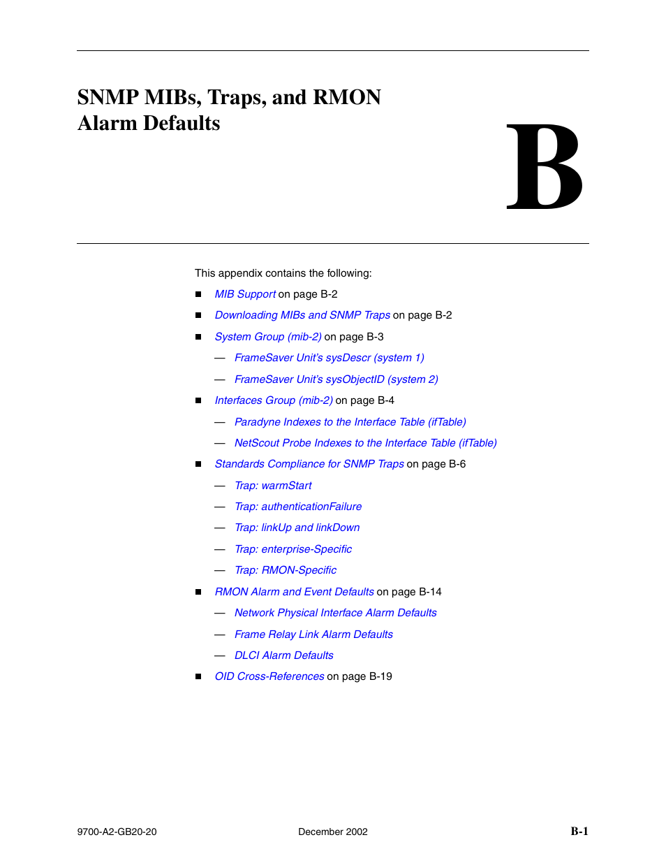 Snmp mibs, traps, and rmon alarm defaults, B snmp mibs, traps, and rmon alarm defaults, Appendix b | Snmp mibs, Traps, and rmon alarm defaults | Paradyne 9788 User Manual | Page 241 / 340