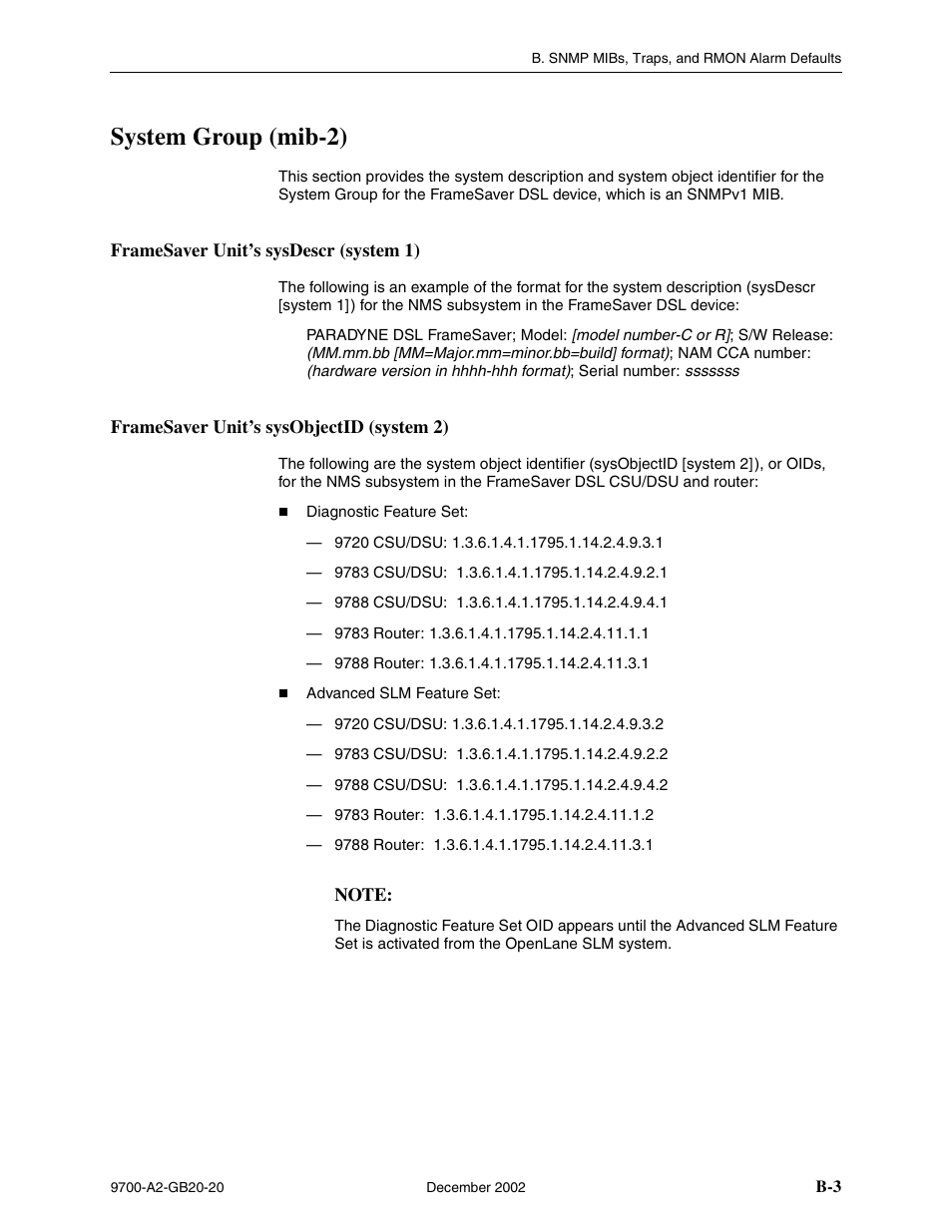 System group (mib-2), Framesaver unit’s sysdescr (system 1), Framesaver unit’s sysobjectid (system 2) | Paradyne 9788 User Manual | Page 243 / 340