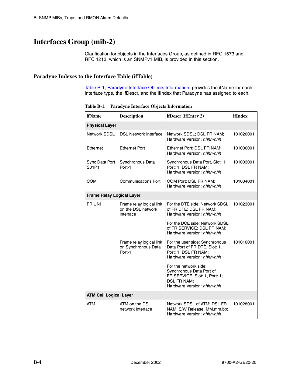 Interfaces group (mib-2), Paradyne indexes to the interface table (iftable) | Paradyne 9788 User Manual | Page 244 / 340