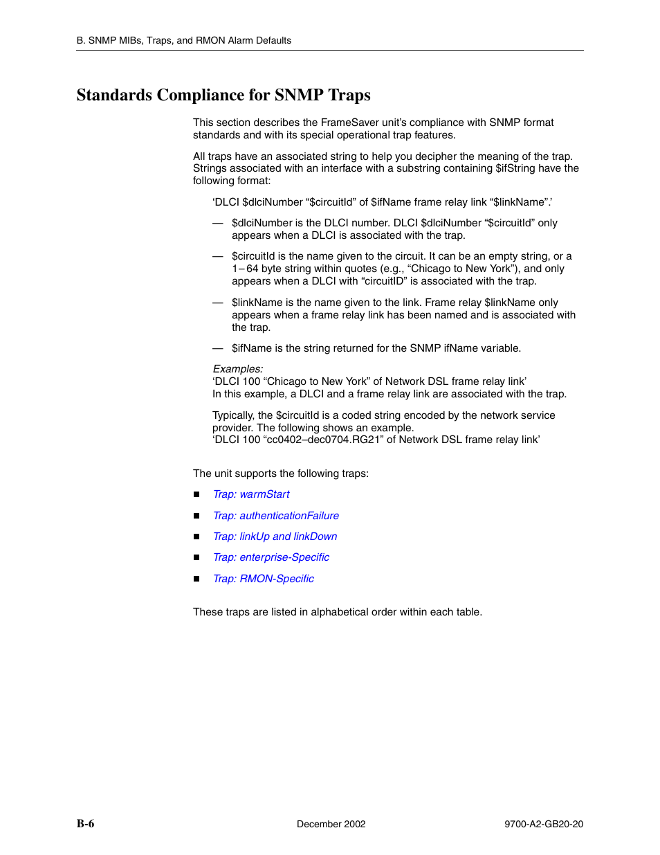 Standards compliance for snmp traps, In appendix b, Snmp mibs | Traps, and rmon alarm defaults, Snmp mibs, traps, and, Rmon alarm defaults | Paradyne 9788 User Manual | Page 246 / 340