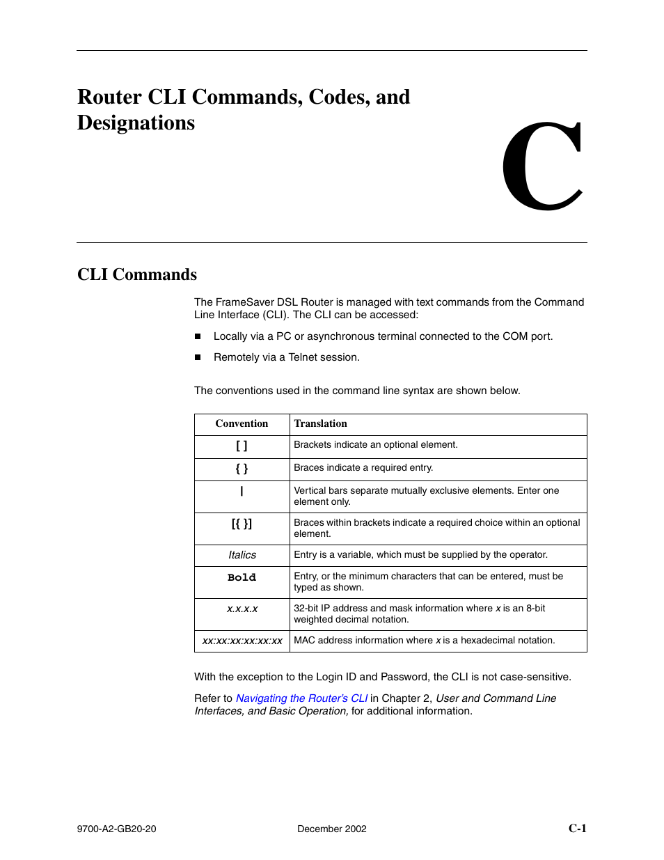 Router cli commands, codes, and designations, Cli commands, C router cli commands, codes, and designations | Appendix c, Router cli, Commands, codes, and designations, Router cli commands, codes, And designations | Paradyne 9788 User Manual | Page 265 / 340