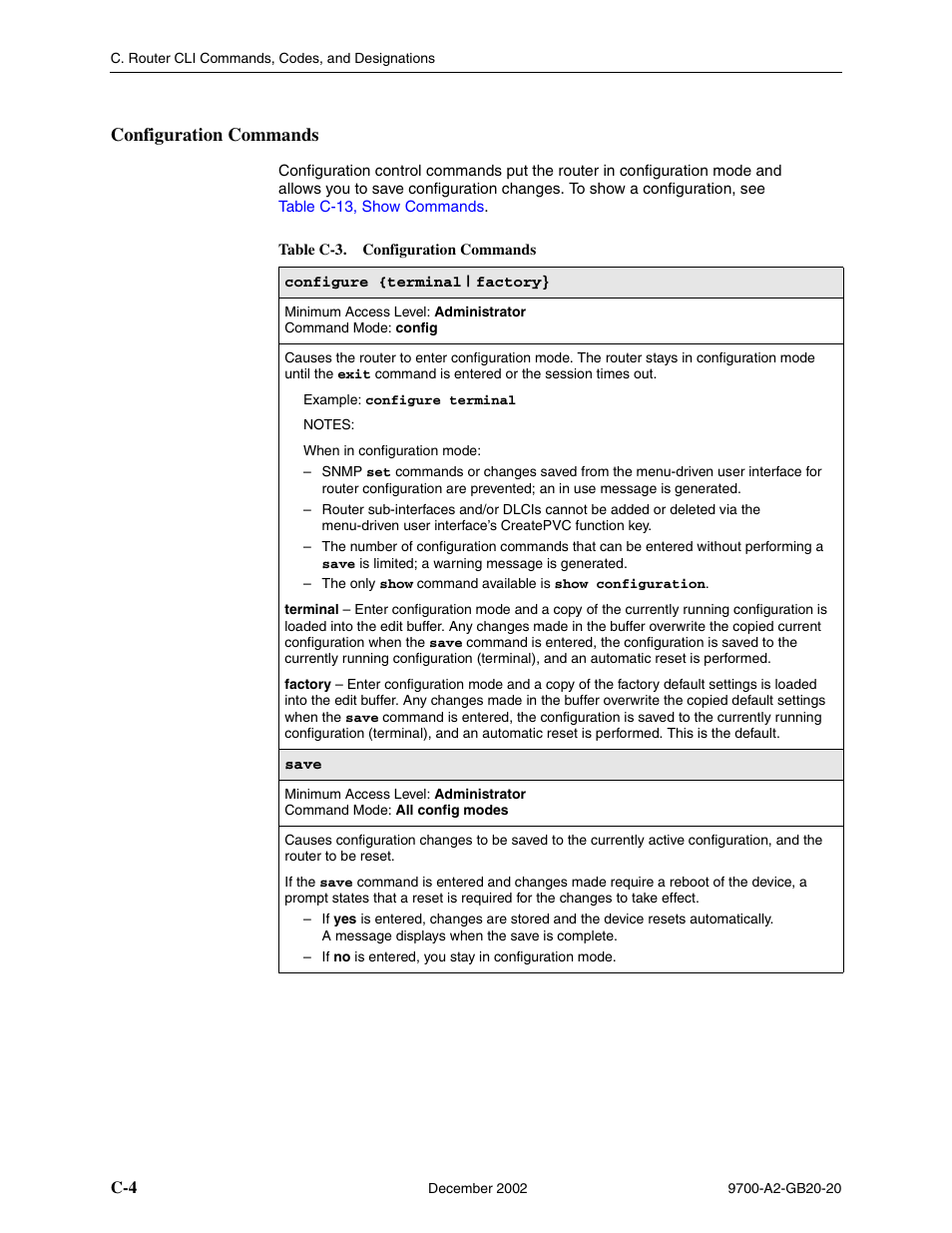 Configuration commands, Table c-3, configuration commands | Paradyne 9788 User Manual | Page 268 / 340