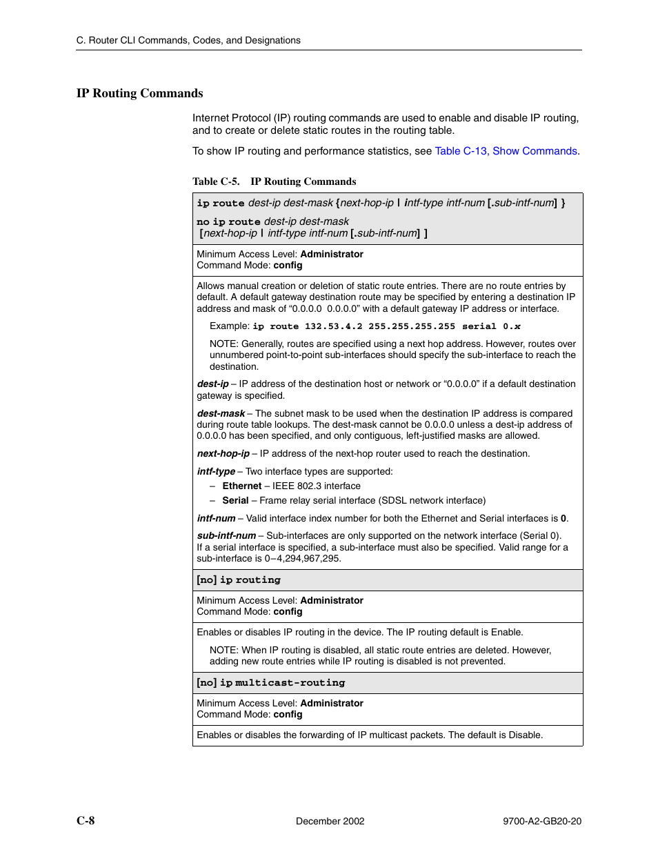 Ip routing commands, Table c-5, ip routing commands | Paradyne 9788 User Manual | Page 272 / 340