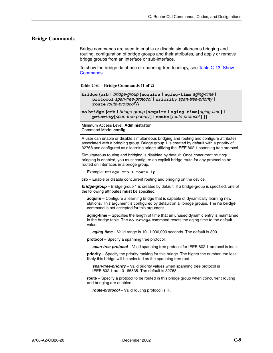 Bridge commands, Table c-6, bridge commands | Paradyne 9788 User Manual | Page 273 / 340