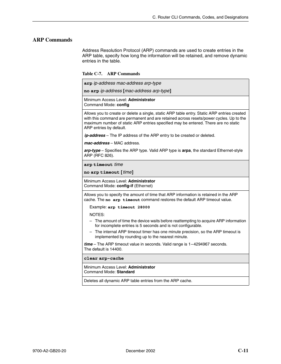 Arp commands, C-11, Table c-7, arp commands | Paradyne 9788 User Manual | Page 275 / 340