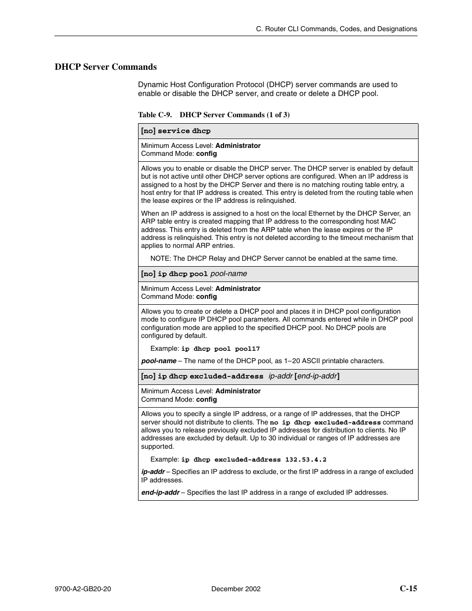 Dhcp server commands, C-15, Table c-9, dhcp server commands | Paradyne 9788 User Manual | Page 279 / 340