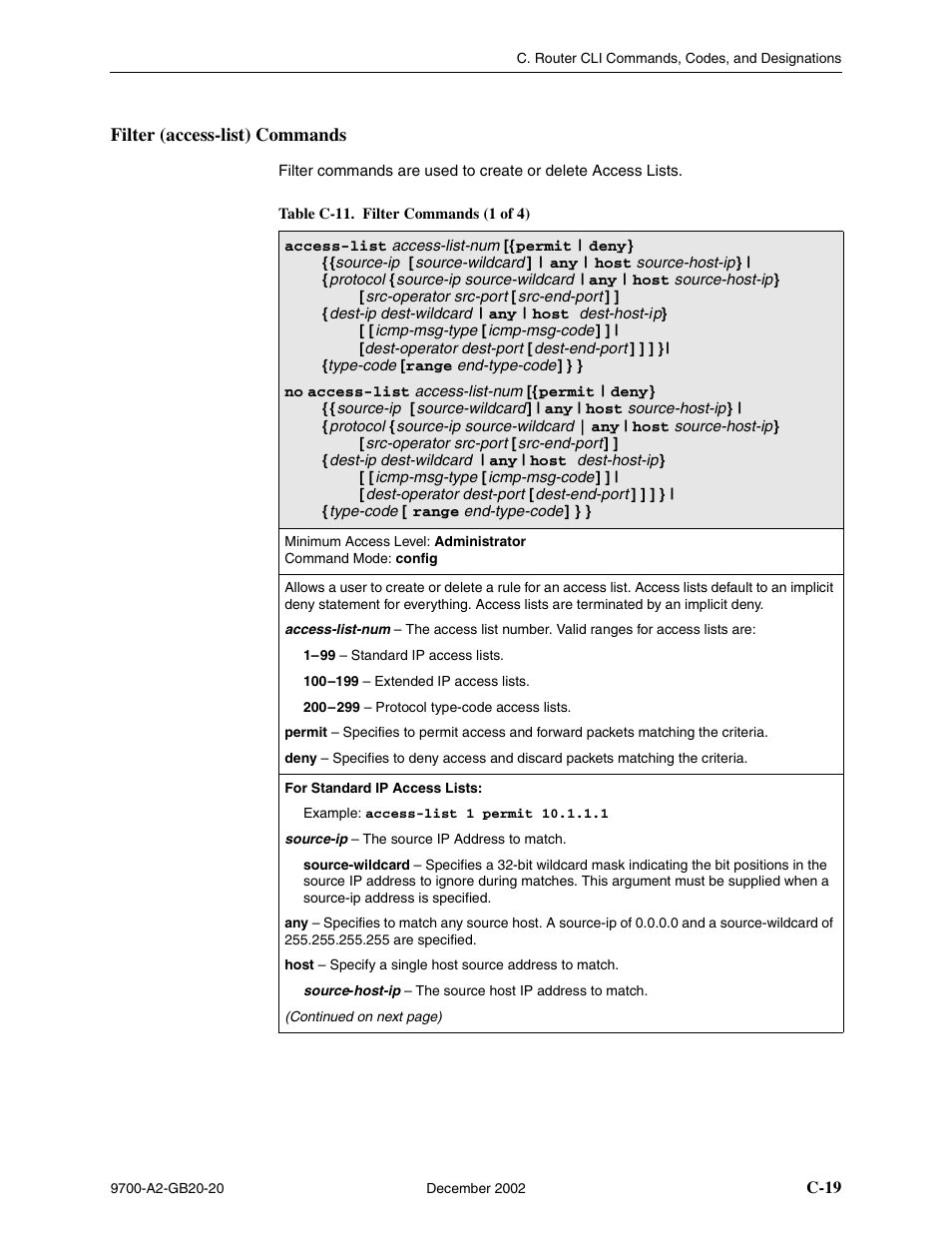 Filter (access-list) commands, C-19, Table c-11, filter commands | Paradyne 9788 User Manual | Page 283 / 340