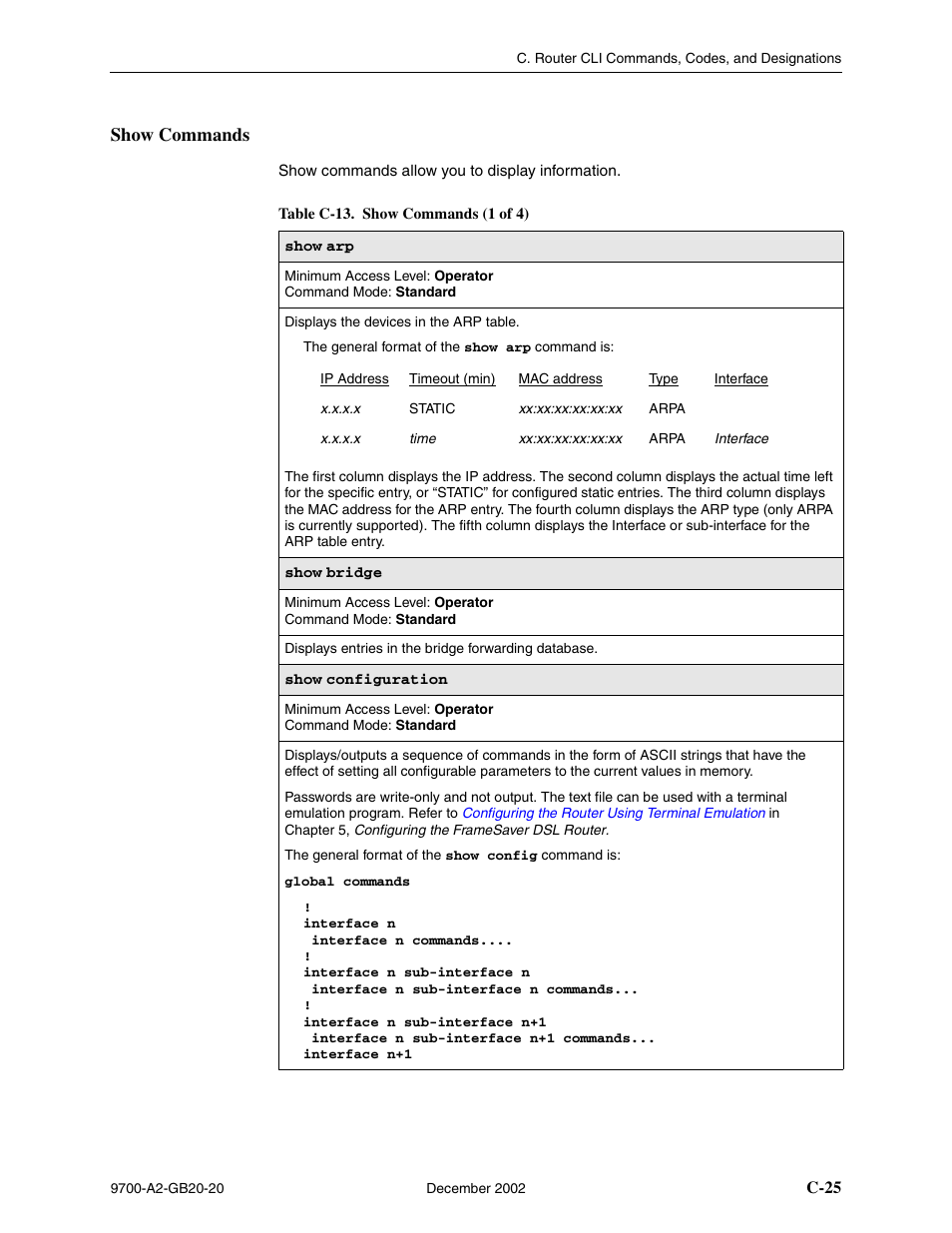 Show commands, C-25, Table c-13, show commands | Table c-13, show, Commands | Paradyne 9788 User Manual | Page 289 / 340