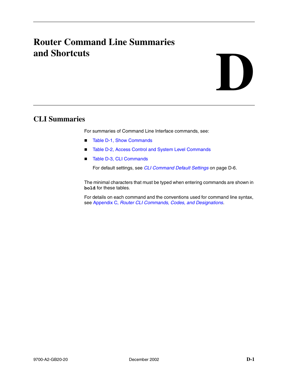 Router command line summaries and shortcuts, Cli summaries, D router command line summaries and shortcuts | Appendix d, Router, Command line summaries and shortcuts | Paradyne 9788 User Manual | Page 299 / 340