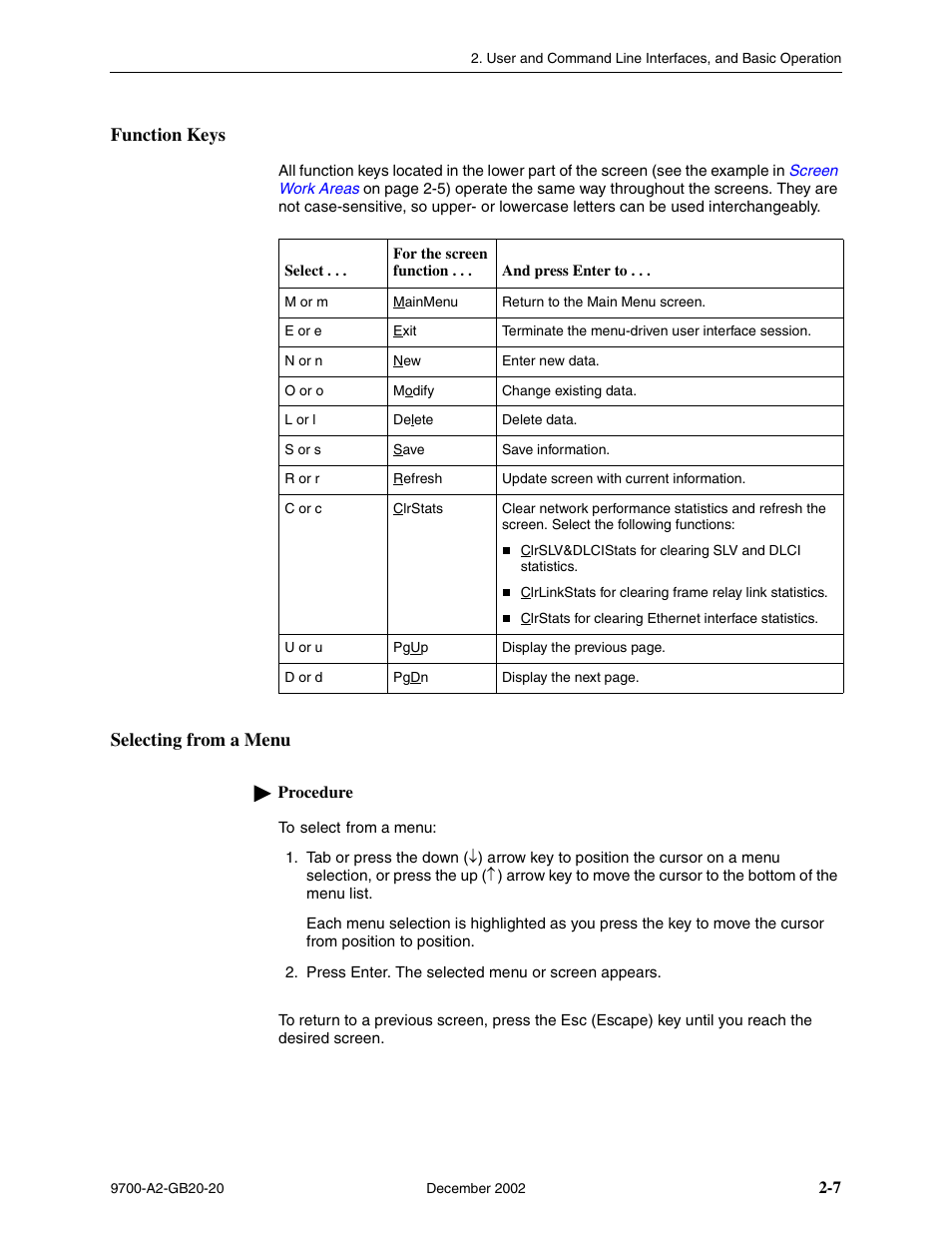 Function keys, Selecting from a menu | Paradyne 9788 User Manual | Page 31 / 340