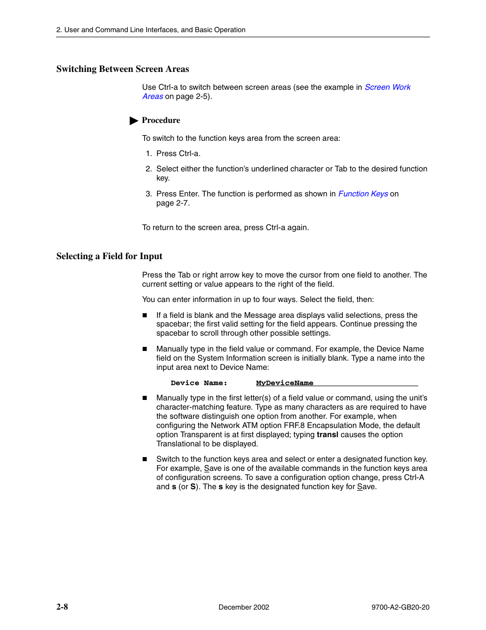 Switching between screen areas, Selecting a field for input | Paradyne 9788 User Manual | Page 32 / 340