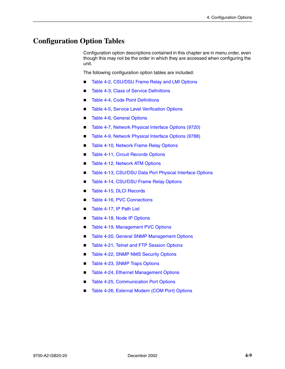 Configuration option tables, In chapter 4, Configuration options | Paradyne 9788 User Manual | Page 49 / 340