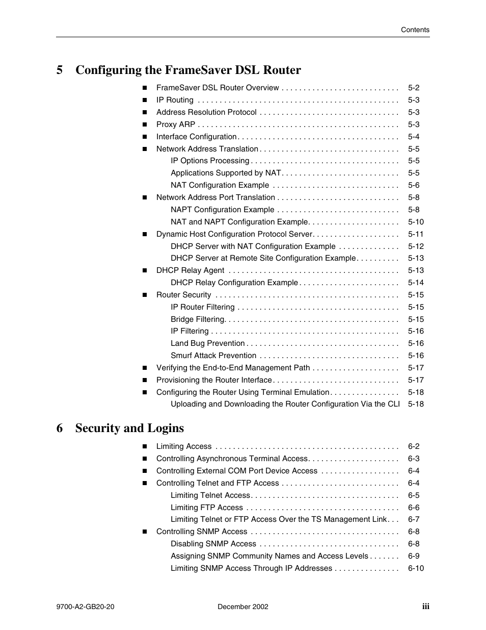 5configuring the framesaver dsl router, 6security and logins | Paradyne 9788 User Manual | Page 5 / 340