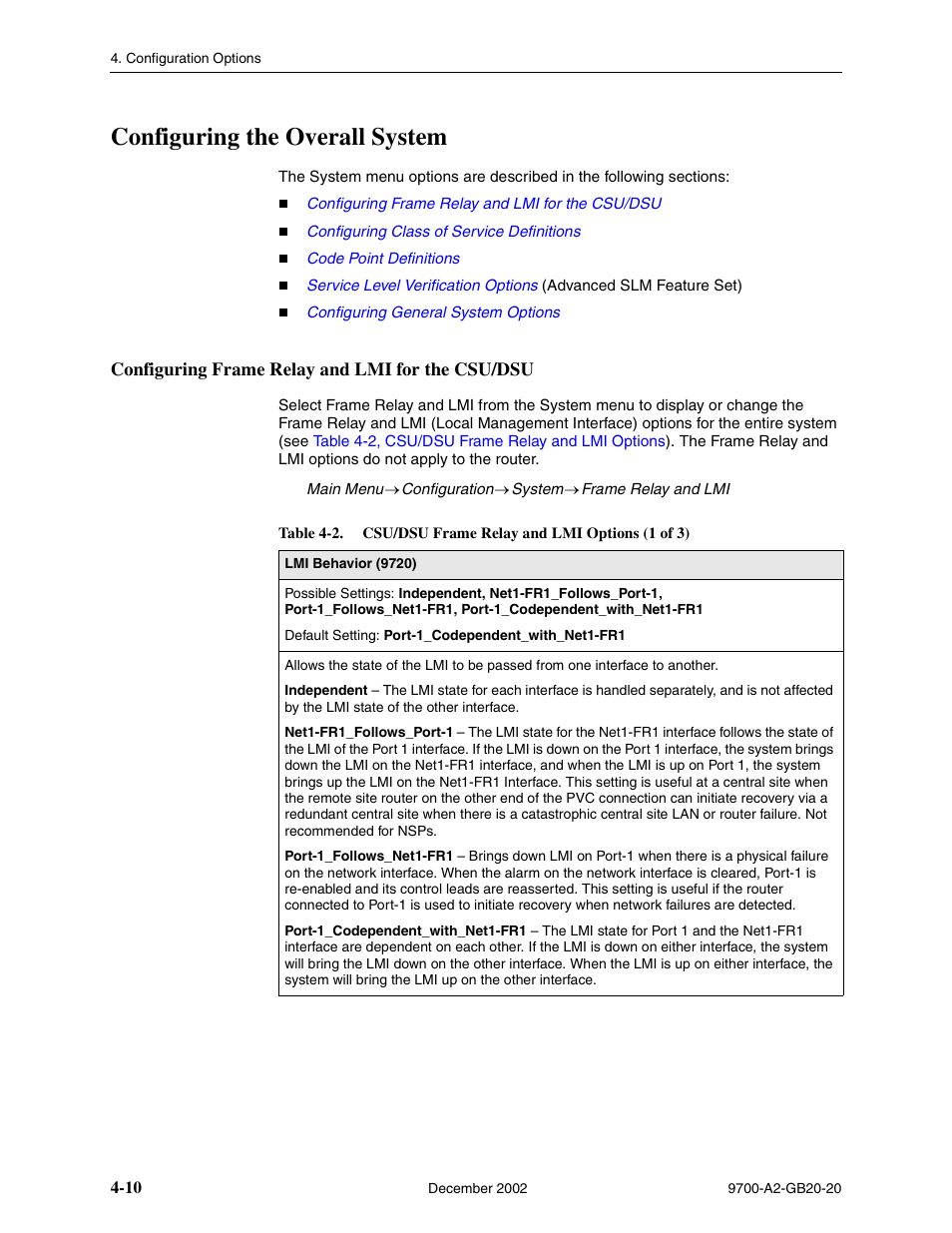 Configuring the overall system, Configuring frame relay and lmi for the csu/dsu | Paradyne 9788 User Manual | Page 50 / 340