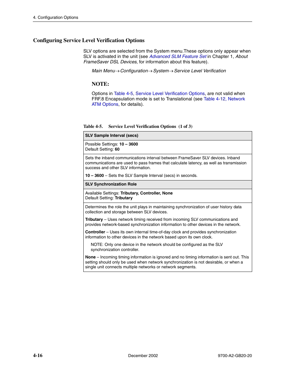 Configuring service level verification options, Table 4-5, service level verification options, Service level verification options | Paradyne 9788 User Manual | Page 56 / 340