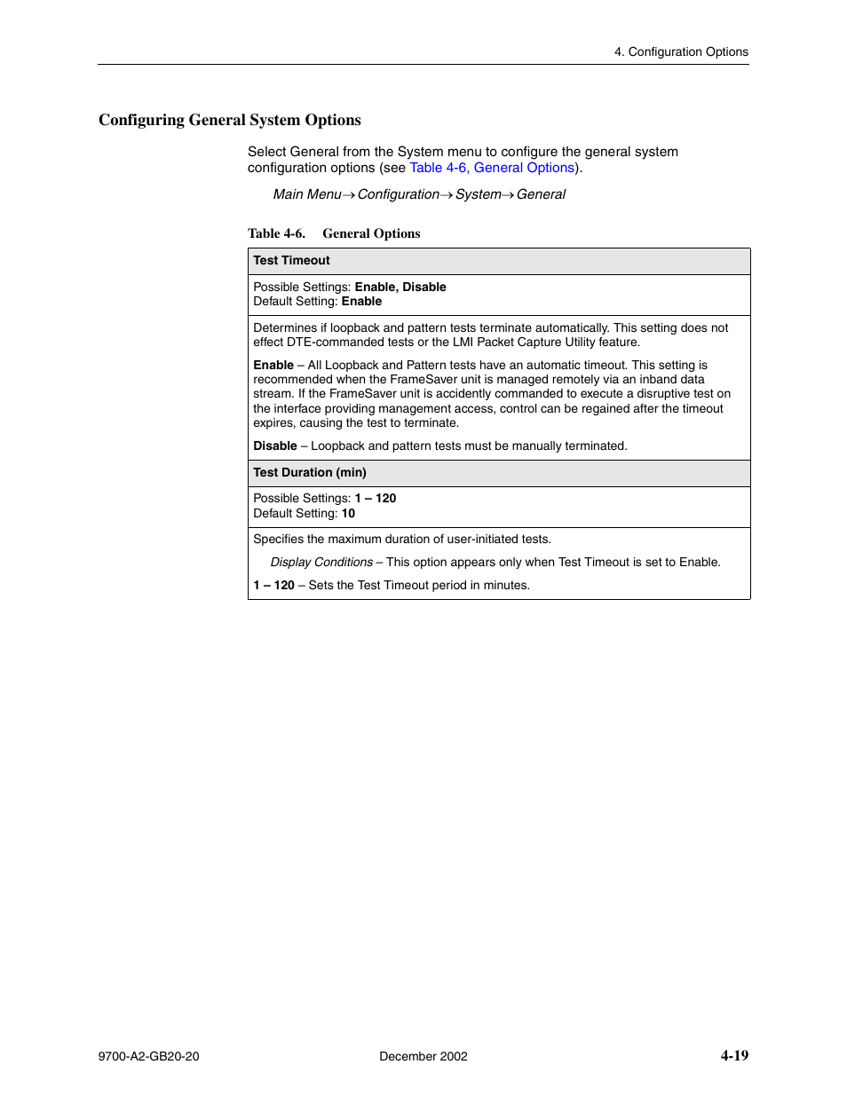 Configuring general system options, Table 4-6, general options | Paradyne 9788 User Manual | Page 59 / 340