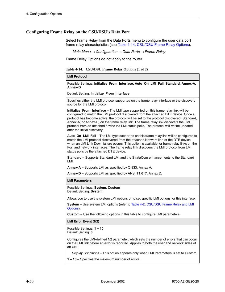 Configuring frame relay on the csu/dsu’s data port, Table 4-14, csu/dsu frame relay options | Paradyne 9788 User Manual | Page 70 / 340