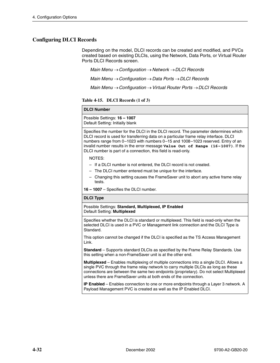 Configuring dlci records, Table 4-15, dlci records | Paradyne 9788 User Manual | Page 72 / 340