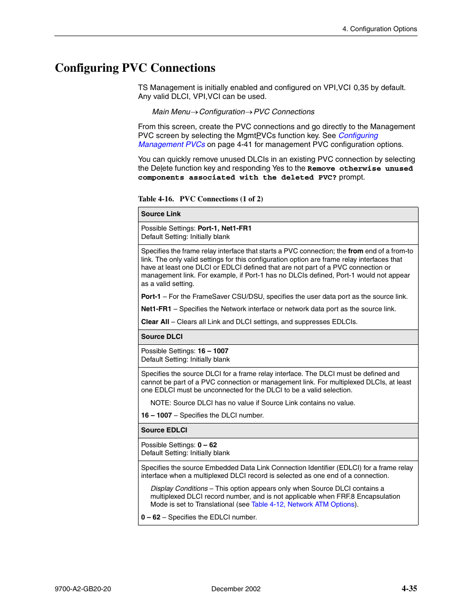 Configuring pvc connections, Table 4-16, pvc connections | Paradyne 9788 User Manual | Page 75 / 340