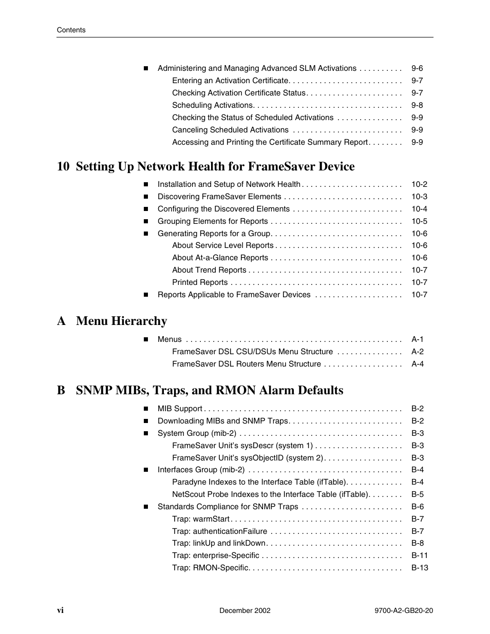 10 setting up network health for framesaver device, A menu hierarchy, B snmp mibs, traps, and rmon alarm defaults | Paradyne 9788 User Manual | Page 8 / 340