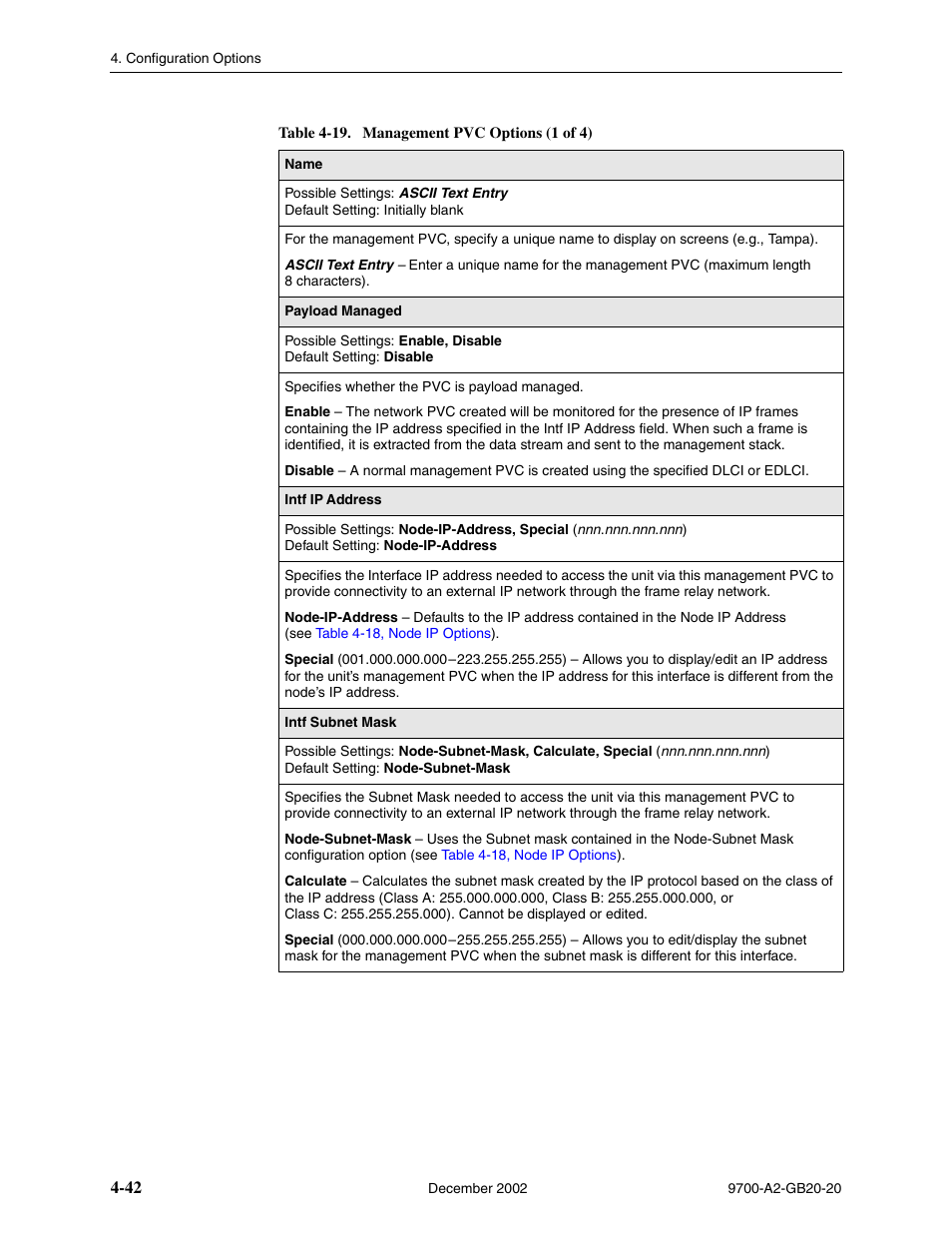 Table 4-19, management pvc options, Table 4-19, Management pvc options | Paradyne 9788 User Manual | Page 82 / 340